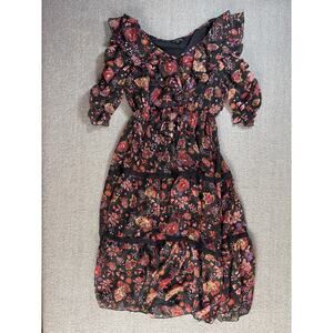 Floral Ruffle Midi Dress - Black and Red